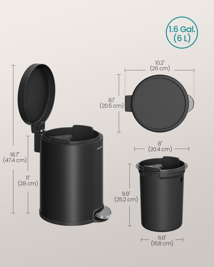 SONGMICS Pedalk&auml;rl f&ouml;r badrummet, 6 l st�lk&auml;rl med mjukst&auml;ngande lock, innerk&auml;rl, f&ouml;r avfall, sovrum, bl&auml;cksvart LTB016BZ02