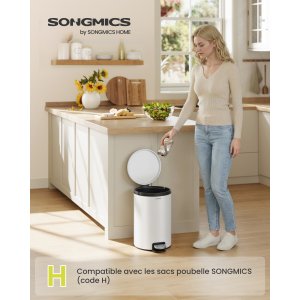 SONGMICS LTB021WZ01 Rund papperskorg med 15 p�sar, metallpedal, avtagbar innerbeh�llare i plast, handtag, vadderad st&auml;ngning, st�l, 20 l, Cloud White