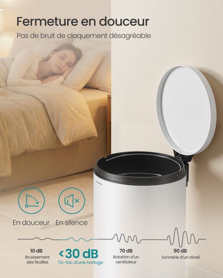 SONGMICS LTB021WZ01 Rund papperskorg med 15 p�sar, metallpedal, avtagbar innerbeh�llare i plast, handtag, vadderad st&auml;ngning, st�l, 20 l, Cloud White