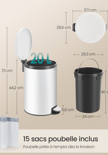 SONGMICS LTB021WZ01 Rund papperskorg med 15 p�sar, metallpedal, avtagbar innerbeh�llare i plast, handtag, vadderad st&auml;ngning, st�l, 20 l, Cloud White