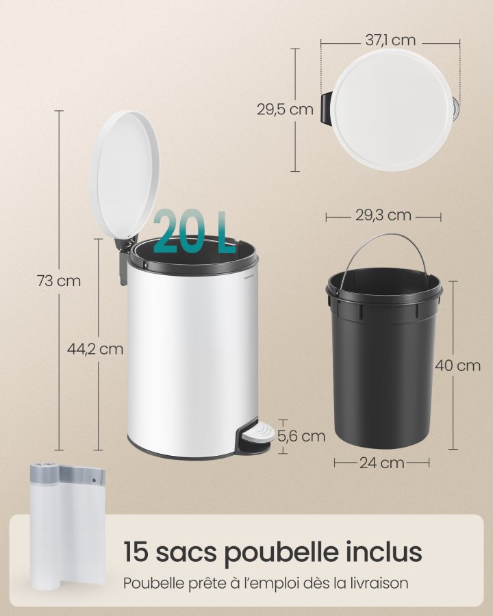 SONGMICS LTB021WZ01 Rund papperskorg med 15 p�sar, metallpedal, avtagbar innerbeh�llare i plast, handtag, vadderad st&auml;ngning, st�l, 20 l, Cloud White