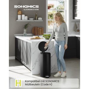 SONGMICS 30L Rund Sopkorg med 15 Avfallsp�sar, Metallpedal, Avtagbar Plasthink, Handtag, Mjukst&auml;ngande Lock, St�l, Bl&auml;cksvart LTB031BZ02