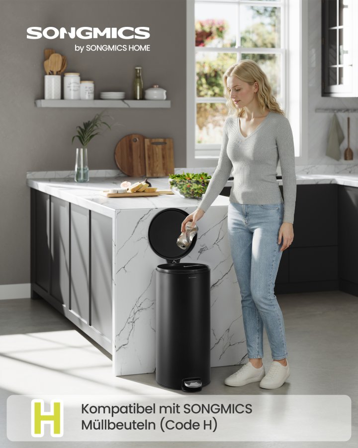 SONGMICS 30L Rund Sopkorg med 15 Avfallsp�sar, Metallpedal, Avtagbar Plasthink, Handtag, Mjukst&auml;ngande Lock, St�l, Bl&auml;cksvart LTB031BZ02