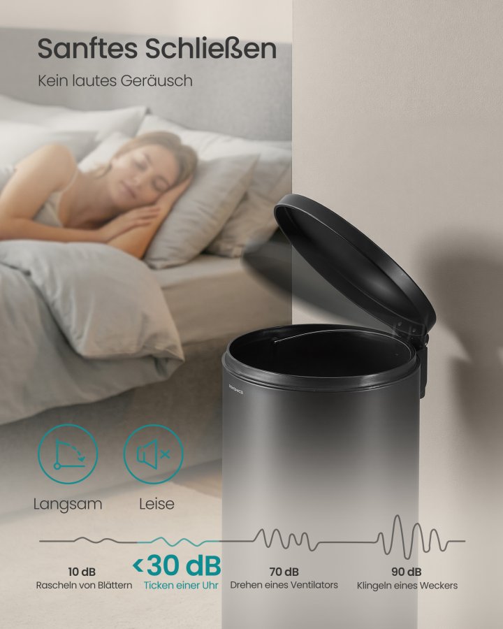 SONGMICS 30L Rund Sopkorg med 15 Avfallsp�sar, Metallpedal, Avtagbar Plasthink, Handtag, Mjukst&auml;ngande Lock, St�l, Bl&auml;cksvart LTB031BZ02