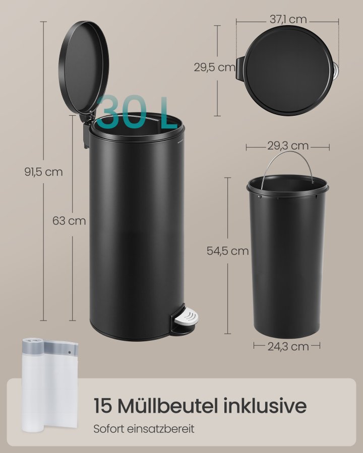 SONGMICS 30L Rund Sopkorg med 15 Avfallsp�sar, Metallpedal, Avtagbar Plasthink, Handtag, Mjukst&auml;ngande Lock, St�l, Bl&auml;cksvart LTB031BZ02