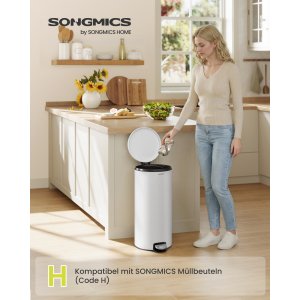 SONGMICS 30L Rund Sopkorg med 15 Avfallsp�sar, Metallpedal, Avtagbar Plasthink, Handtag, Mjukst&auml;ngande Lock, St�l, Cloud White LTB031WZ02