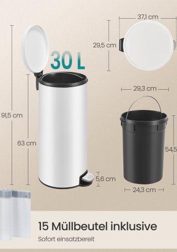 SONGMICS 30L Rund Sopkorg med 15 Avfallsp�sar, Metallpedal, Avtagbar Plasthink, Handtag, Mjukst&auml;ngande Lock, St�l, Cloud White LTB031WZ02