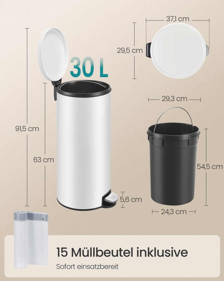 SONGMICS 30L Rund Sopkorg med 15 Avfallsp�sar, Metallpedal, Avtagbar Plasthink, Handtag, Mjukst&auml;ngande Lock, St�l, Cloud White LTB031WZ02