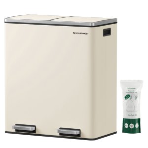 SONGMICS Dubbelfackig 2 x 30 L papperskorg med 2 avfallsp�sar, fotpedaler i metall, 15 innerbeh�llare i plast, lock, handtag, mjukst&auml;ngande, luftt&auml;t, kr&auml;mf&auml;rgad, LTB060A01