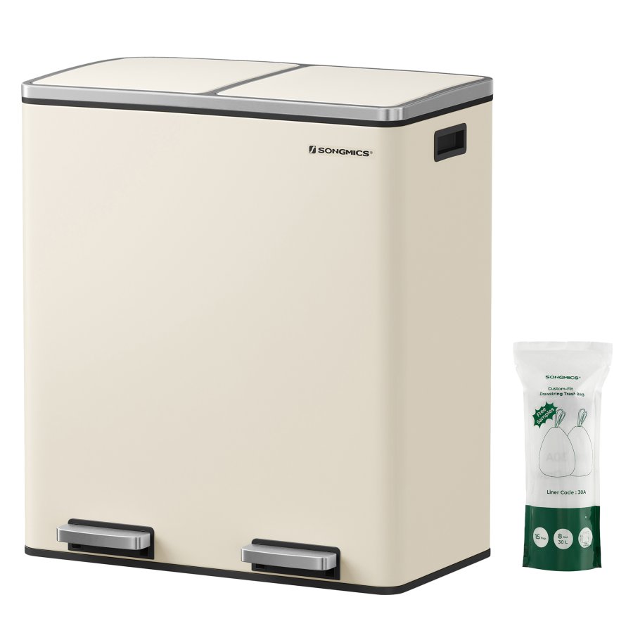 SONGMICS Dubbelfackig 2 x 30 L papperskorg med 2 avfallsp�sar, fotpedaler i metall, 15 innerbeh�llare i plast, lock, handtag, mjukst&auml;ngande, luftt&auml;t, kr&auml;mf&auml;rgad, LTB060A01