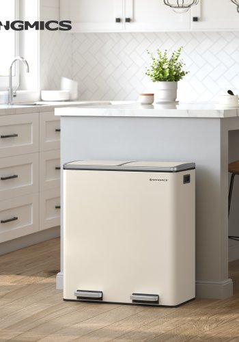 SONGMICS LTB060A01 dobbeltrums affaldsspand, 2 x 30 L, m. 15 affaldsposer, metalfodpedaler, 2 indvendige plastikspande, l�g, h�ndtag, bl�d lukning, luftt�t - creme st�l
