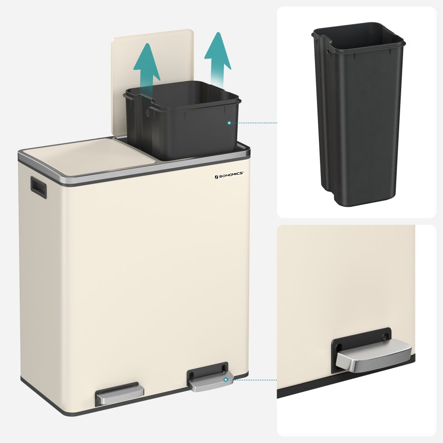 SONGMICS Dubbelfackig 2 x 30 L papperskorg med 2 avfallsp�sar, fotpedaler i metall, 15 innerbeh�llare i plast, lock, handtag, mjukst&auml;ngande, luftt&auml;t, kr&auml;mf&auml;rgad, LTB060A01