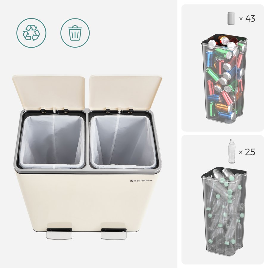 SONGMICS Dubbelfackig 2 x 30 L papperskorg med 2 avfallsp�sar, fotpedaler i metall, 15 innerbeh�llare i plast, lock, handtag, mjukst&auml;ngande, luftt&auml;t, kr&auml;mf&auml;rgad, LTB060A01