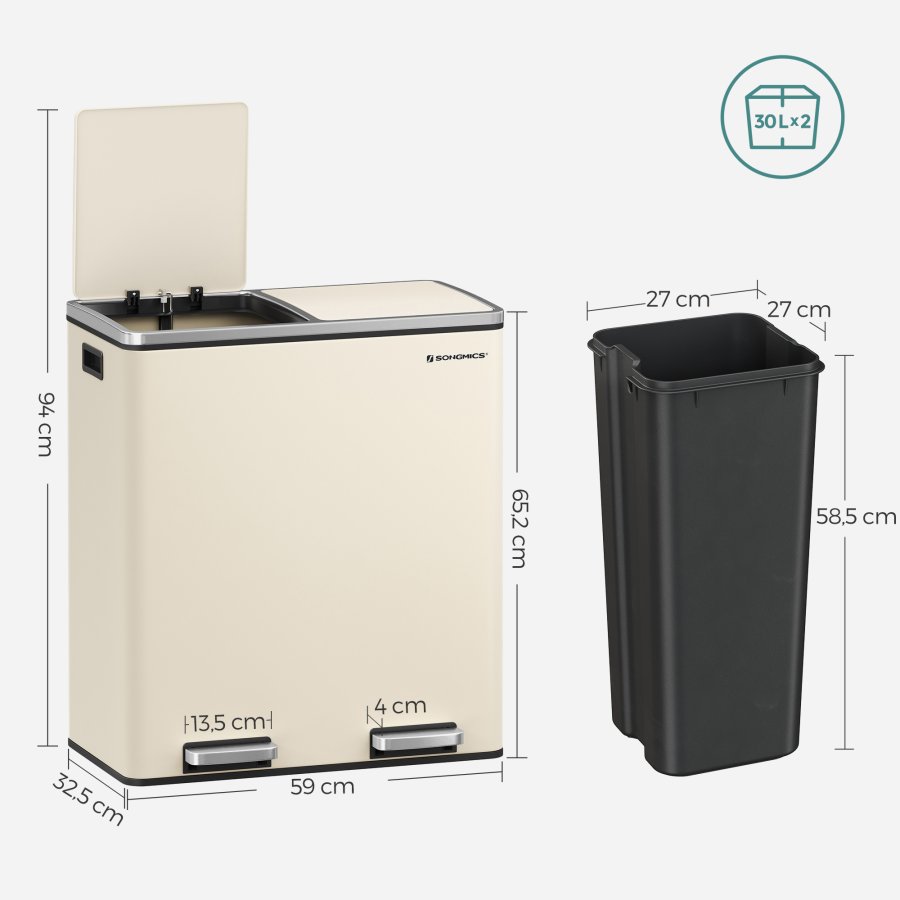 SONGMICS Dubbelfackig 2 x 30 L papperskorg med 2 avfallsp�sar, fotpedaler i metall, 15 innerbeh�llare i plast, lock, handtag, mjukst&auml;ngande, luftt&auml;t, kr&auml;mf&auml;rgad, LTB060A01