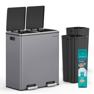 SONGMICS dubbel soptunna, 2 x 30 l metall�tervinningsk&auml;rl med 15 sopp�sar, 2 fack, med lock, pedaler, innerbeh�llare i plast, mjukst&auml;ngning, skiffergr� LTB060G01