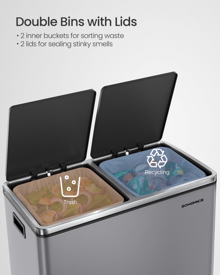 SONGMICS dubbel soptunna, 2 x 30 l metall�tervinningsk&auml;rl med 15 sopp�sar, 2 fack, med lock, pedaler, innerbeh�llare i plast, mjukst&auml;ngning, skiffergr� LTB060G01