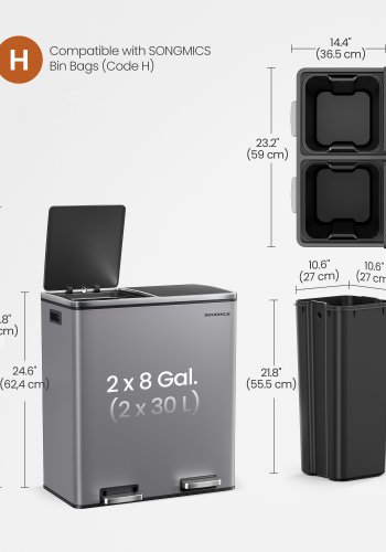 SONGMICS dubbel soptunna, 2 x 30 l metall�tervinningsk&auml;rl med 15 sopp�sar, 2 fack, med lock, pedaler, innerbeh�llare i plast, mjukst&auml;ngning, skiffergr� LTB060G01