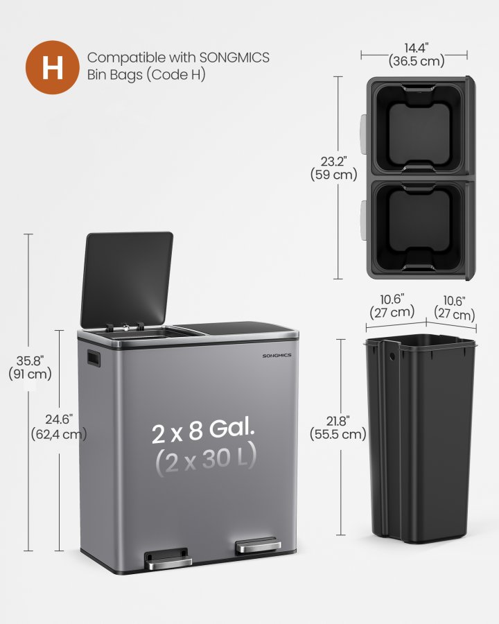 SONGMICS dubbel soptunna, 2 x 30 l metall�tervinningsk&auml;rl med 15 sopp�sar, 2 fack, med lock, pedaler, innerbeh�llare i plast, mjukst&auml;ngning, skiffergr� LTB060G01