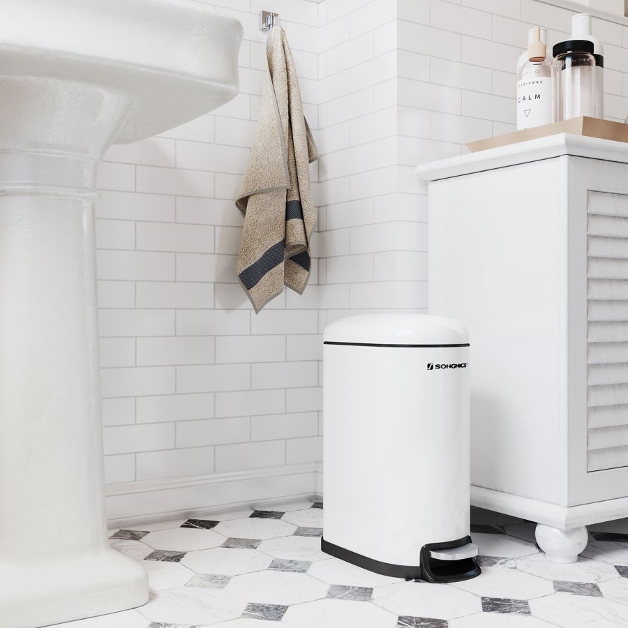 SONGMICS Slim papperskorg, 10L pedalk&auml;rl, st�l, uttagbar innerhink, l�ngsamt st&auml;ngande, f&ouml;r tr�nga utrymmen, vit LTB10WT