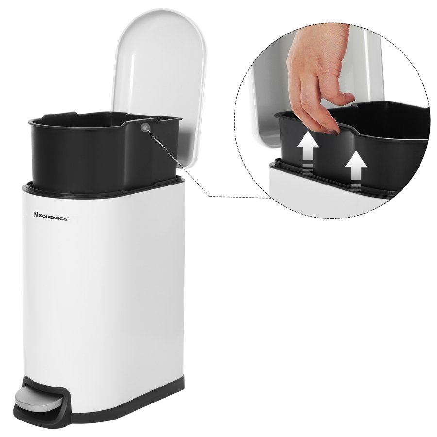 SONGMICS Slim papperskorg, 10L pedalk&auml;rl, st�l, uttagbar innerhink, l�ngsamt st&auml;ngande, f&ouml;r tr�nga utrymmen, vit LTB10WT