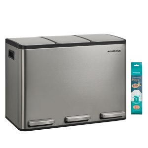 SONGMICS 3 x 15 l k&ouml;ksavfallsbeh�llare, 3-facks �tervinningsbeh�llare med 15 sops&auml;ckar, l&ouml;stagbara innerbeh�llare, lock, handtag, mjukst&auml;ngning, rostfritt st�l, silver LTB145EZ01