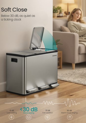 SONGMICS 3 x 15 l k&ouml;ksavfallsbeh�llare, 3-facks �tervinningsbeh�llare med 15 sops&auml;ckar, l&ouml;stagbara innerbeh�llare, lock, handtag, mjukst&auml;ngning, rostfritt st�l, silver LTB145EZ01