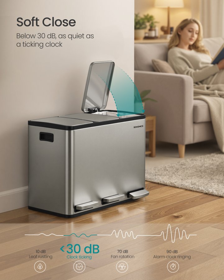 SONGMICS 3 x 15 l k&ouml;ksavfallsbeh�llare, 3-facks �tervinningsbeh�llare med 15 sops&auml;ckar, l&ouml;stagbara innerbeh�llare, lock, handtag, mjukst&auml;ngning, rostfritt st�l, silver LTB145EZ01