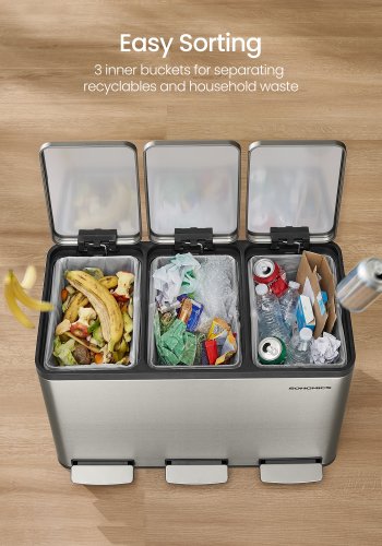 SONGMICS 3 x 15 l k&ouml;ksavfallsbeh�llare, 3-facks �tervinningsbeh�llare med 15 sops&auml;ckar, l&ouml;stagbara innerbeh�llare, lock, handtag, mjukst&auml;ngning, rostfritt st�l, silver LTB145EZ01