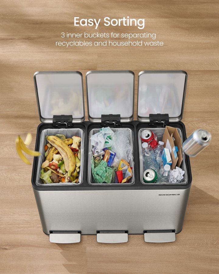 SONGMICS 3 x 15 l k&ouml;ksavfallsbeh�llare, 3-facks �tervinningsbeh�llare med 15 sops&auml;ckar, l&ouml;stagbara innerbeh�llare, lock, handtag, mjukst&auml;ngning, rostfritt st�l, silver LTB145EZ01