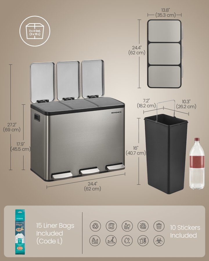 SONGMICS 3 x 15 l k&ouml;ksavfallsbeh�llare, 3-facks �tervinningsbeh�llare med 15 sops&auml;ckar, l&ouml;stagbara innerbeh�llare, lock, handtag, mjukst&auml;ngning, rostfritt st�l, silver LTB145EZ01