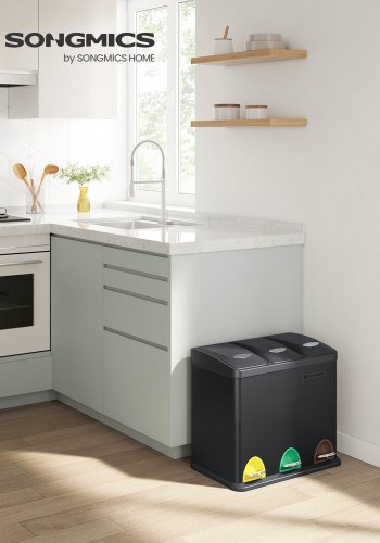 SONGMICS LTB24BK 3-i-1 papperskorg, 24 liter, med 3 uttagbara plastbeh�llare, 3 f&auml;rgade pedaler - svart st�l