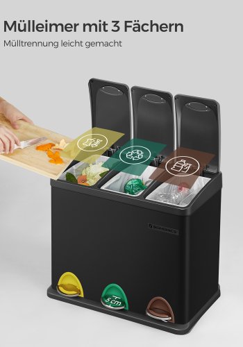 SONGMICS LTB24BK 3-i-1 papperskorg, 24 liter, med 3 uttagbara plastbeh�llare, 3 f&auml;rgade pedaler - svart st�l