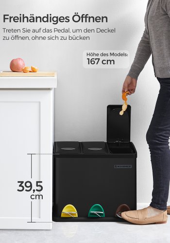 SONGMICS �tervinningsk&auml;rl, 3-i-1 pedalk&auml;rl, 24-liters metallavfallsk&auml;rl, avfallssorteringssystem, k&ouml;kssoptunna, l&auml;tt att reng&ouml;ra, st�l, svart LTB24BK