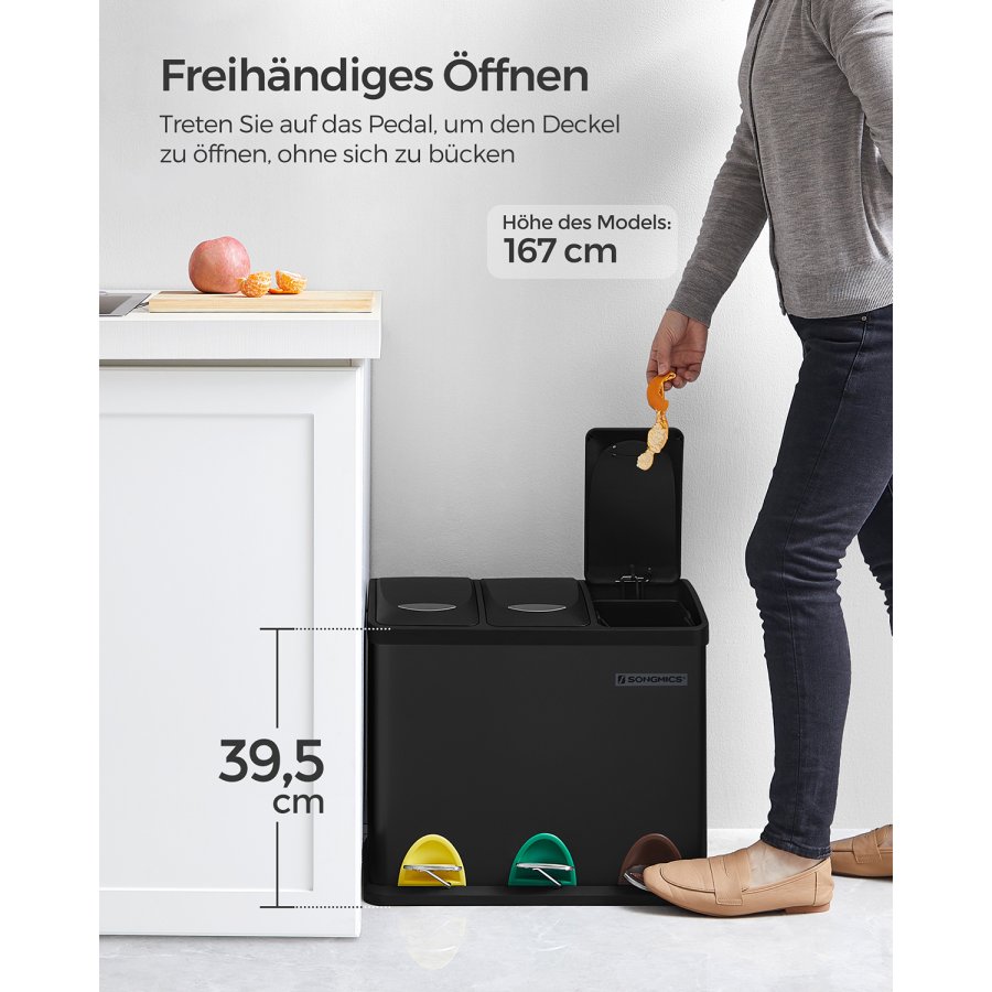 SONGMICS �tervinningsk&auml;rl, 3-i-1 pedalk&auml;rl, 24-liters metallavfallsk&auml;rl, avfallssorteringssystem, k&ouml;kssoptunna, l&auml;tt att reng&ouml;ra, st�l, svart LTB24BK