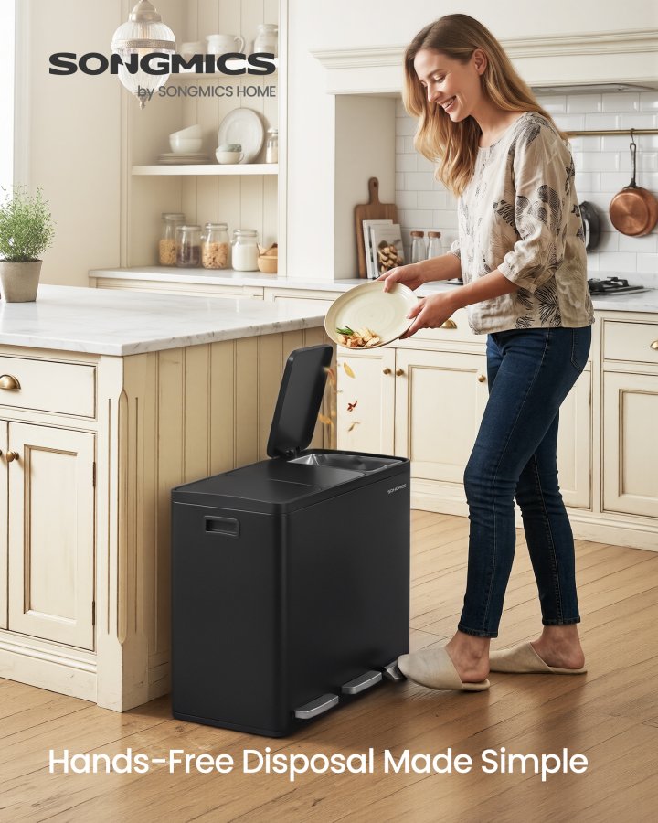 SONGMICS 3 x 18 l k&ouml;ksavfallsbeh�llare, 2-facks �tervinningsbeh�llare med 15 sops&auml;ckar, uttagbara innerbeh�llare, lock, handtag, mjukst&auml;ngning, st�l, svart LTB254BZ02