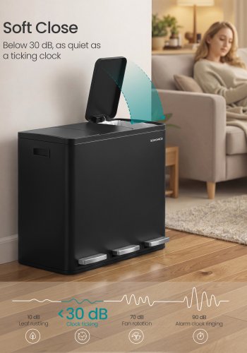 SONGMICS 3 x 18 l k&ouml;ksavfallsbeh�llare, 2-facks �tervinningsbeh�llare med 15 sops&auml;ckar, uttagbara innerbeh�llare, lock, handtag, mjukst&auml;ngning, st�l, svart LTB254BZ02
