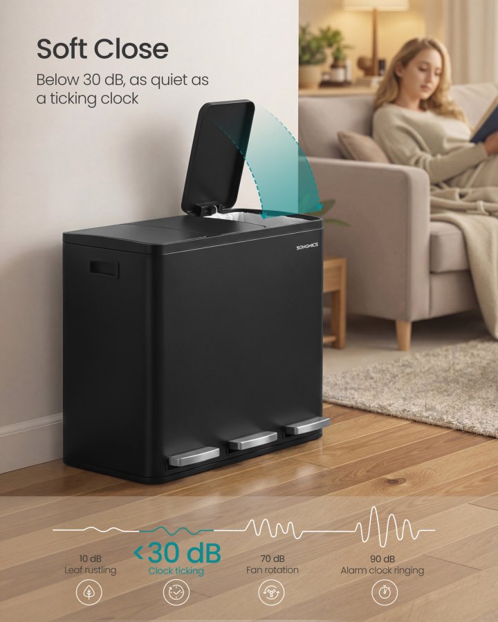 SONGMICS 3 x 18 l k&ouml;ksavfallsbeh�llare, 2-facks �tervinningsbeh�llare med 15 sops&auml;ckar, uttagbara innerbeh�llare, lock, handtag, mjukst&auml;ngning, st�l, svart LTB254BZ02