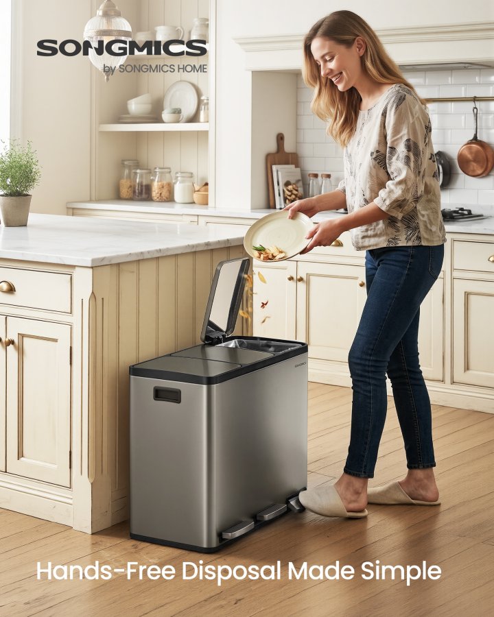 SONGMICS 3 x 4,8 gallon (3 x 18 l) k&ouml;ksavfallsbeh�llare, 2-facks �tervinningsbeh�llare med 15 sops&auml;ckar, l&ouml;stagbara innerbeh�llare, lock, handtag, mjukst&auml;ngning, rostfritt st�l, silver LTB254EZ01
