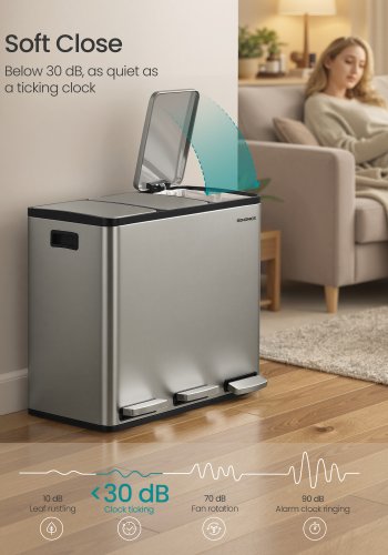 SONGMICS 3 x 4,8 gallon (3 x 18 l) k&ouml;ksavfallsbeh�llare, 2-facks �tervinningsbeh�llare med 15 sops&auml;ckar, l&ouml;stagbara innerbeh�llare, lock, handtag, mjukst&auml;ngning, rostfritt st�l, silver LTB254EZ01