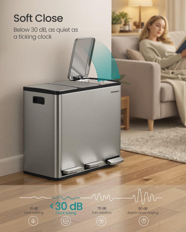 SONGMICS 3 x 4,8 gallon (3 x 18 l) k&ouml;ksavfallsbeh�llare, 2-facks �tervinningsbeh�llare med 15 sops&auml;ckar, l&ouml;stagbara innerbeh�llare, lock, handtag, mjukst&auml;ngning, rostfritt st�l, silver LTB254EZ01