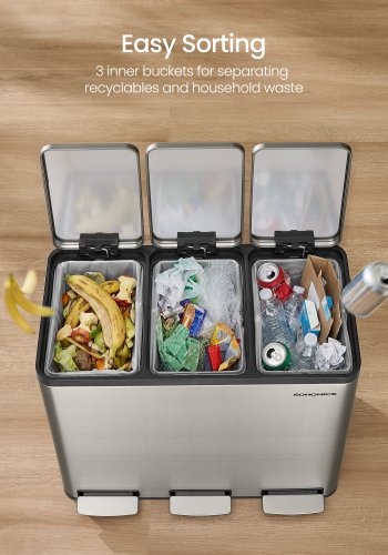 SONGMICS 3 x 4,8 gallon (3 x 18 l) k&ouml;ksavfallsbeh�llare, 2-facks �tervinningsbeh�llare med 15 sops&auml;ckar, l&ouml;stagbara innerbeh�llare, lock, handtag, mjukst&auml;ngning, rostfritt st�l, silver LTB254EZ01