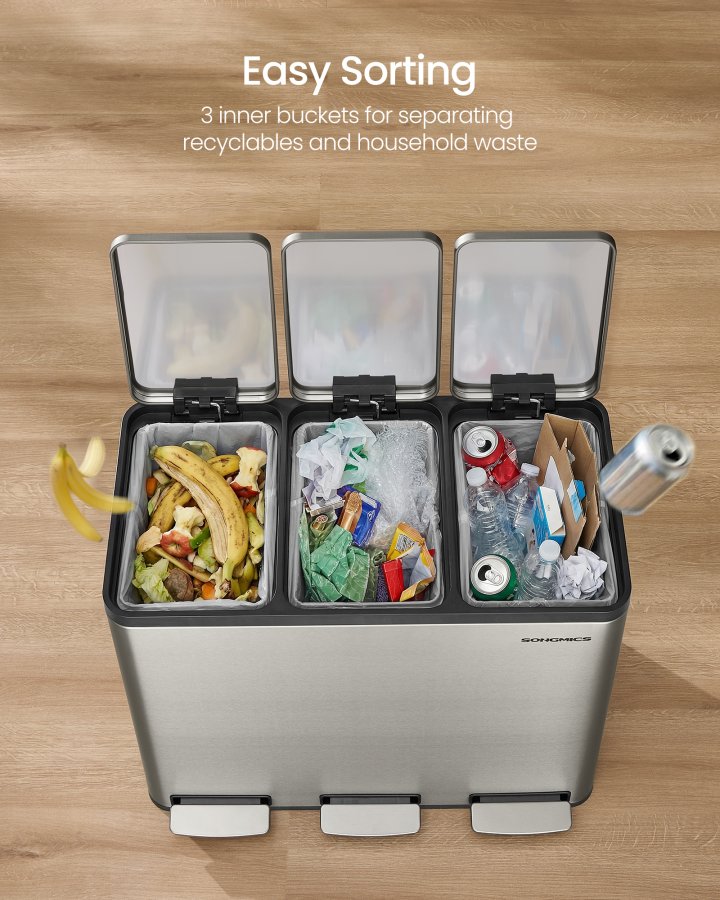 SONGMICS 3 x 4,8 gallon (3 x 18 l) k&ouml;ksavfallsbeh�llare, 2-facks �tervinningsbeh�llare med 15 sops&auml;ckar, l&ouml;stagbara innerbeh�llare, lock, handtag, mjukst&auml;ngning, rostfritt st�l, silver LTB254EZ01