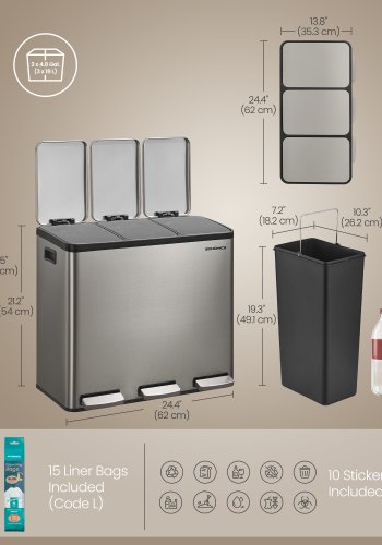 SONGMICS 3 x 4,8 gallon (3 x 18 l) k&ouml;ksavfallsbeh�llare, 2-facks �tervinningsbeh�llare med 15 sops&auml;ckar, l&ouml;stagbara innerbeh�llare, lock, handtag, mjukst&auml;ngning, rostfritt st�l, silver LTB254EZ01