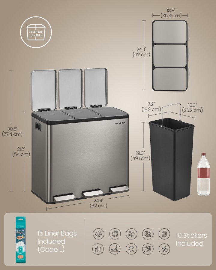 SONGMICS 3 x 4,8 gallon (3 x 18 l) k&ouml;ksavfallsbeh�llare, 2-facks �tervinningsbeh�llare med 15 sops&auml;ckar, l&ouml;stagbara innerbeh�llare, lock, handtag, mjukst&auml;ngning, rostfritt st�l, silver LTB254EZ01