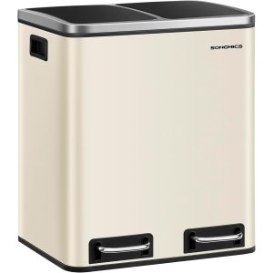 SONGMICS K&ouml;kssoptunna, 2 x 15 l dubbelk&auml;rl f&ouml;r �tervinning och avfall, pedalk&auml;rl, 15 foder ing�r, innerk&auml;rl, mjukst&auml;ngande f&ouml;r sm� familjer, st�l, sandbeige och bl&auml;cksvart LTB30A02