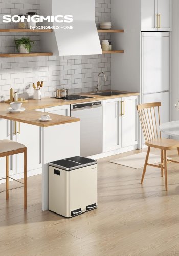 SONGMICS K�chenabfalleimer, 2 x 15 l Doppeleimer f�r Recycling und Restm�ll, Treteimer, 15 M�llbeutel inklusive, Inneneimer, Soft-Close-Mechanismus f�r kleine Familien, Stahl, Sandbeige und Tintenschwarz LTB30A02