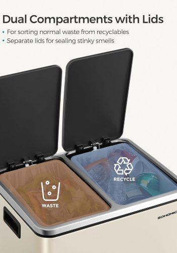 SONGMICS K&ouml;kssoptunna, 2 x 15 l dubbelk&auml;rl f&ouml;r �tervinning och avfall, pedalk&auml;rl, 15 foder ing�r, innerk&auml;rl, mjukst&auml;ngande f&ouml;r sm� familjer, st�l, sandbeige och bl&auml;cksvart LTB30A02