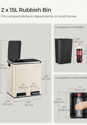 SONGMICS K&ouml;kssoptunna, 2 x 15 l dubbelk&auml;rl f&ouml;r �tervinning och avfall, pedalk&auml;rl, 15 foder ing�r, innerk&auml;rl, mjukst&auml;ngande f&ouml;r sm� familjer, st�l, sandbeige och bl&auml;cksvart LTB30A02