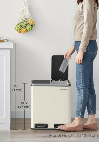 SONGMICS K&ouml;kssoptunna, 2 x 15 l dubbelk&auml;rl f&ouml;r �tervinning och avfall, pedalk&auml;rl, 15 foder ing�r, innerk&auml;rl, mjukst&auml;ngande f&ouml;r sm� familjer, st�l, sandbeige och bl&auml;cksvart LTB30A02