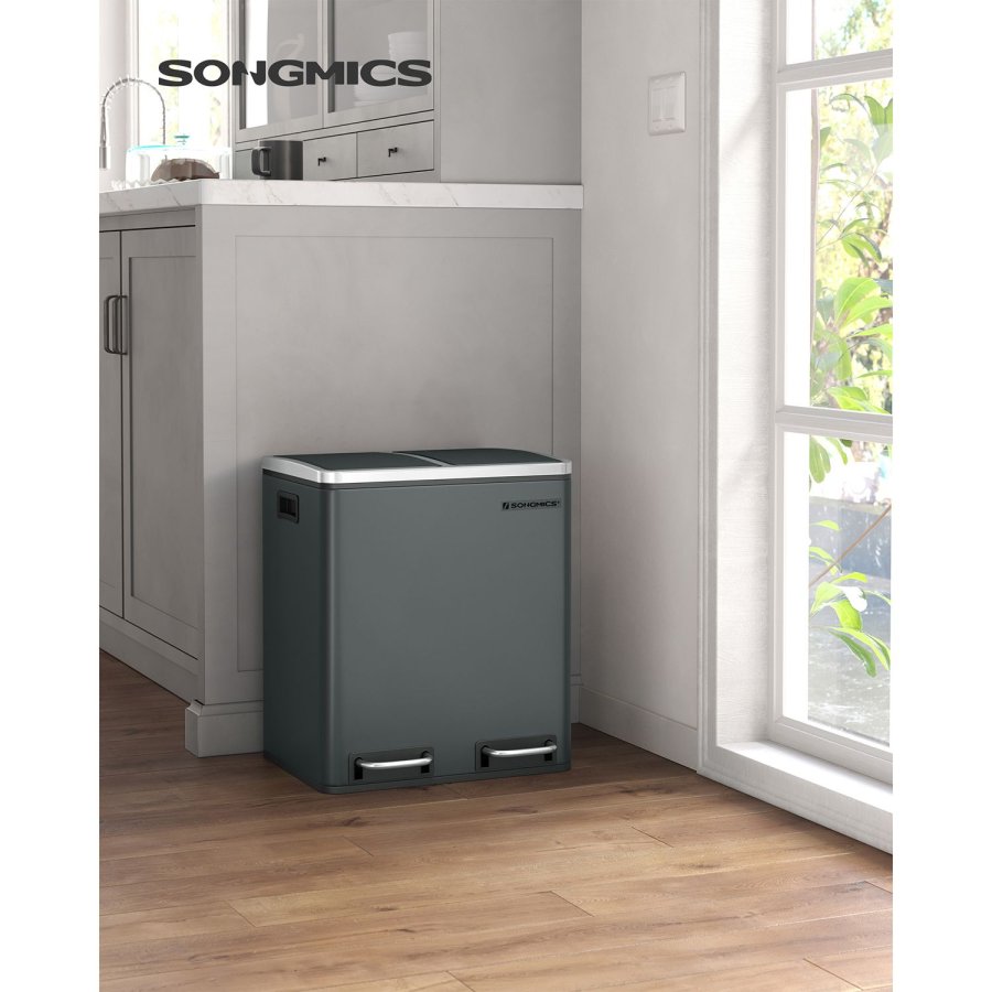 SONGMICS K&ouml;kssoptunna, 2 x 15 l st�lavfallsbeh�llare, v�ningsbeh�llare med innerhinkar och handtag, mjukst&auml;ngning, luktt&auml;tning, antracitgr� LTB30GS